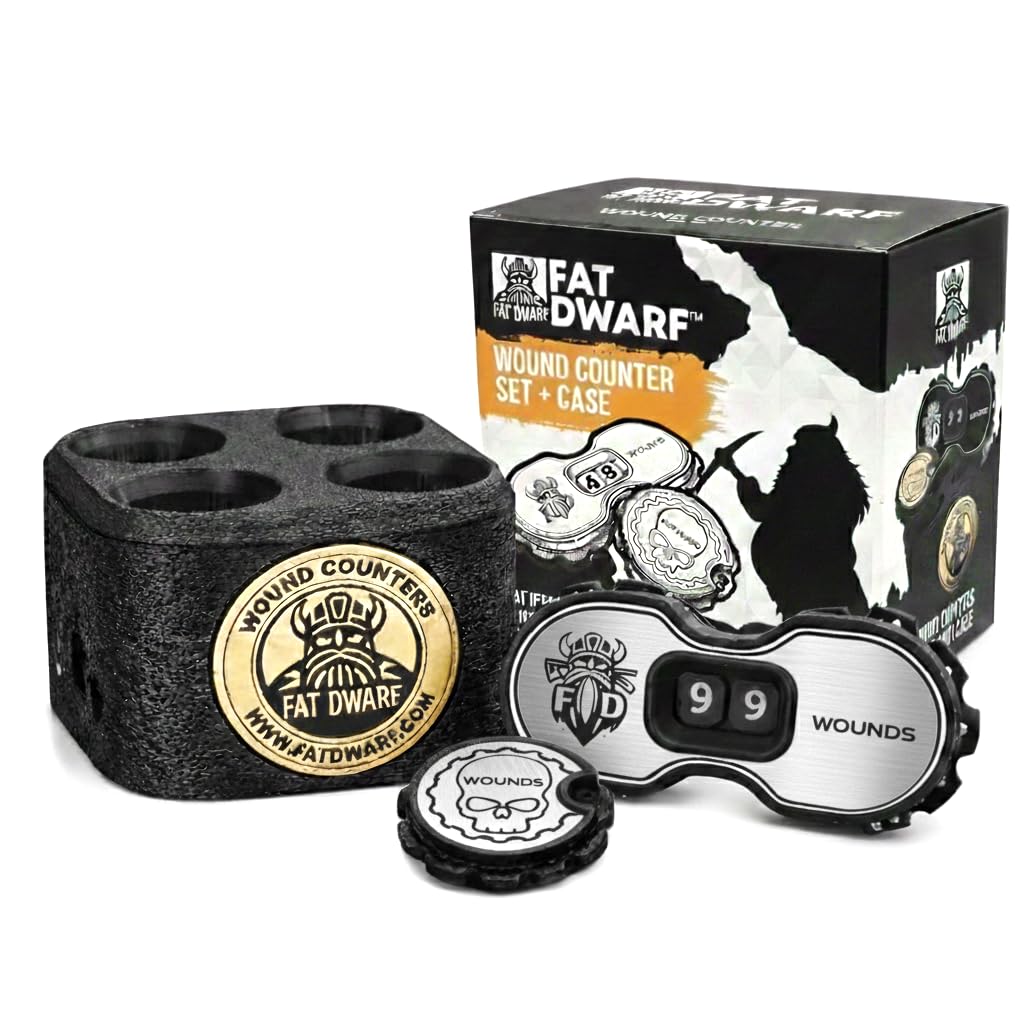 Fat Dwarf Tabletop Wound Counter Set, 12 Premium Counters (8 Single + 4 Double), Magnetised Storage Case, Multiple Colours Available, Compatible with Warhammer, D&D and Pathfinder (Silver)