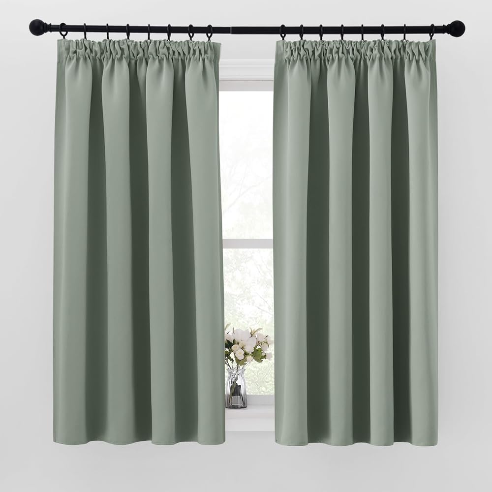 PONY DANCE Sage Green Thermal Blackout Curtains 2 Panels 46x45 Pencil Pleat