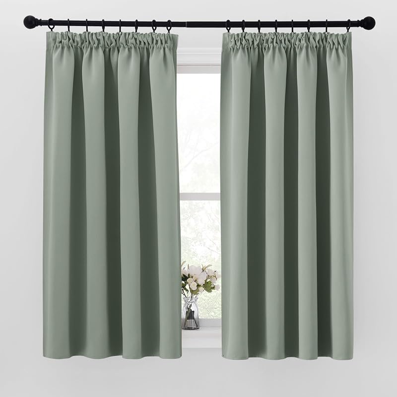 PONY DANCE Sage Green Thermal Blackout Curtains 2 Panels 46x45 Pencil Pleat