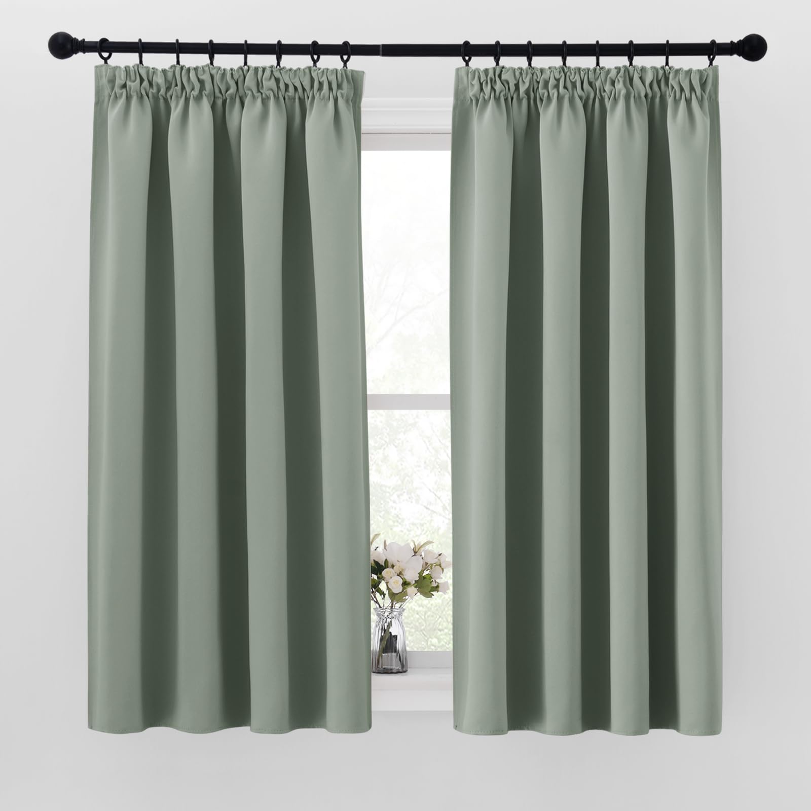 PONY DANCE Bedroom Blackout Thermal Curtains 2 Panels - Sage Green Pencil Pleat Curtains W42 X L63 Soft Thermal Light Block Thick Draperies for Small Window, Bedroom, Living Room, Bathroom