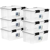IRIS USA 6-Pack 19 Qt Storage Bins with Gasket Lids, Clear/Black | WeatherPro seal protects shoes, crafts, documents and supplies from dust and moisture