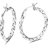 Milacolato 925 Sterling Silver Hoop Earrings for Women 18K White Gold Plated Twisted Hoop Earrings Hypoallergenic Lightweight Click-Top Big Hoop Earrings 13/15/20/25/30/40/50/60mm