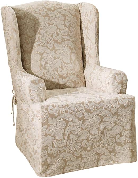 Amazon Com Sure Fit Scroll Damask Box Cushion Wing Chair One Piece Slipcover Relaxed Fit Cotton Polyester Machine Washable Champagne Color Furniture Decor