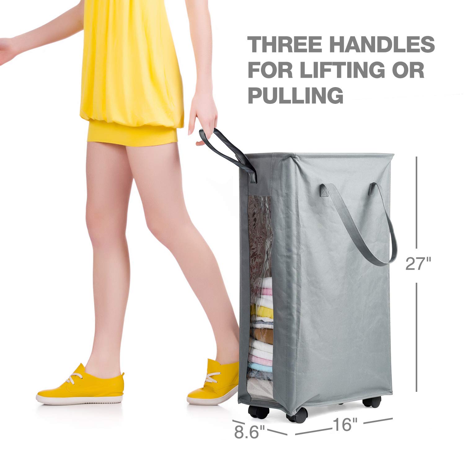 HOUSE DAY Grey 62L Slim Tall Laundry Basket with 360 Degree Swivel Wheels and Durable Handle, Waterproof Rolling Laundry Basket Hamper with Breathable Mesh Cover and Clear