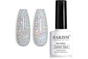 RARJSM Reflective Glitter Gel Polish Silver Sparkling Glitter Iridescent Shimmer Gel Polish Sparkle Diamond Gel Polish Holographic Gel Polish Soak off Nail Art Varnish Manicure for Salon DIY at Home