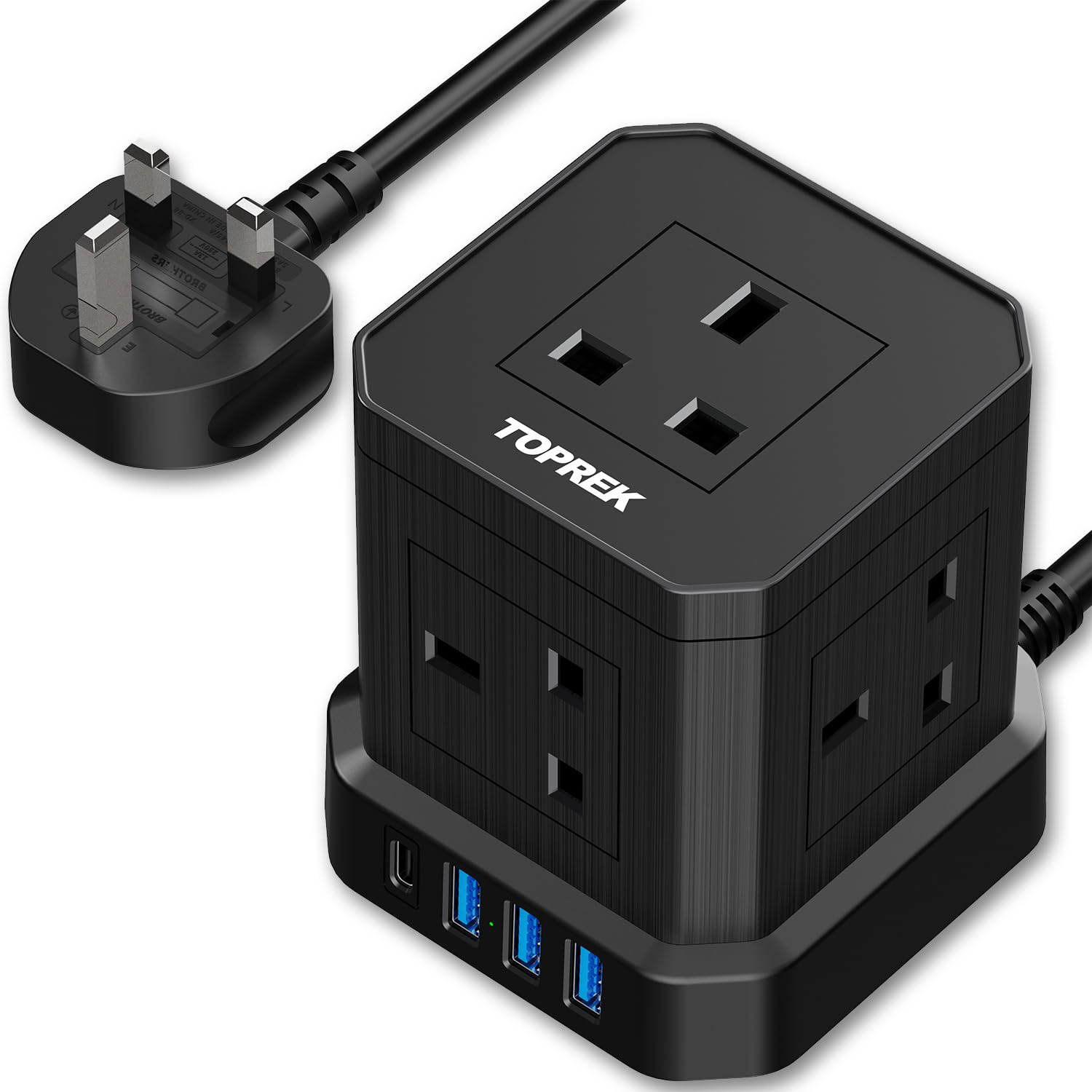 20W PD3.0 USB-C Cube Extension Lead 2M, TOPREK 5 Way (13A/3250W) Multi Plug Extension Socket + 4 USB Slots+1 Switch, Child Safety UK Desktop Extension Cable for Home Dorm Office Travel
