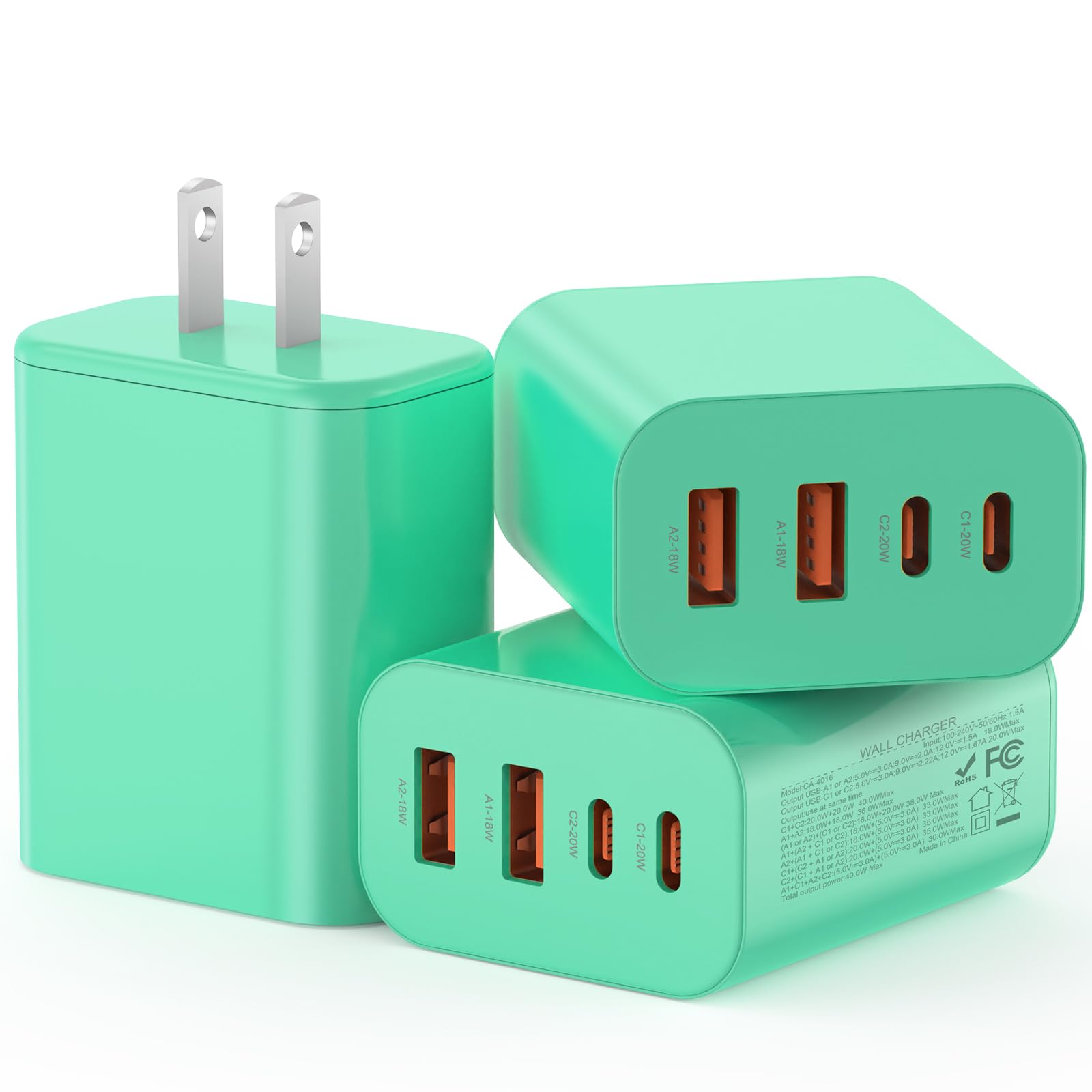 USB C Charger Block, 3-Pack 40W Wall Plug Fast Charging Block, 4-Port PD + QC Power Adapter Type C Charging Blocks Cube, Compatible with iPhone 17/16/15/14/13/12/11/Pro Max, Tablets（Green）