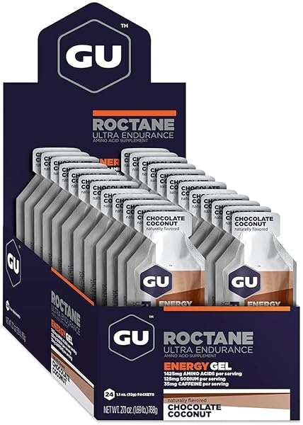 GU ENERGY ROCTANE ULTRA ENDURANCE ENERGY GEL, VEGAN, GLUTEN-FREE, KOSHER, AND DAIRY-FREE ON-THE-GO SPORTS NUTRITION FOR RUNNING, BIKING, HIKING OR SKIING, CHOCOLATE COCONUT,24-COUNT