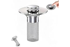 Bathroom Sink Drain Strainer with Pop Up Stopper, Stainless Steel Removable Filter Basket Hair Catcher, Anti-Clog Sink Drain 
