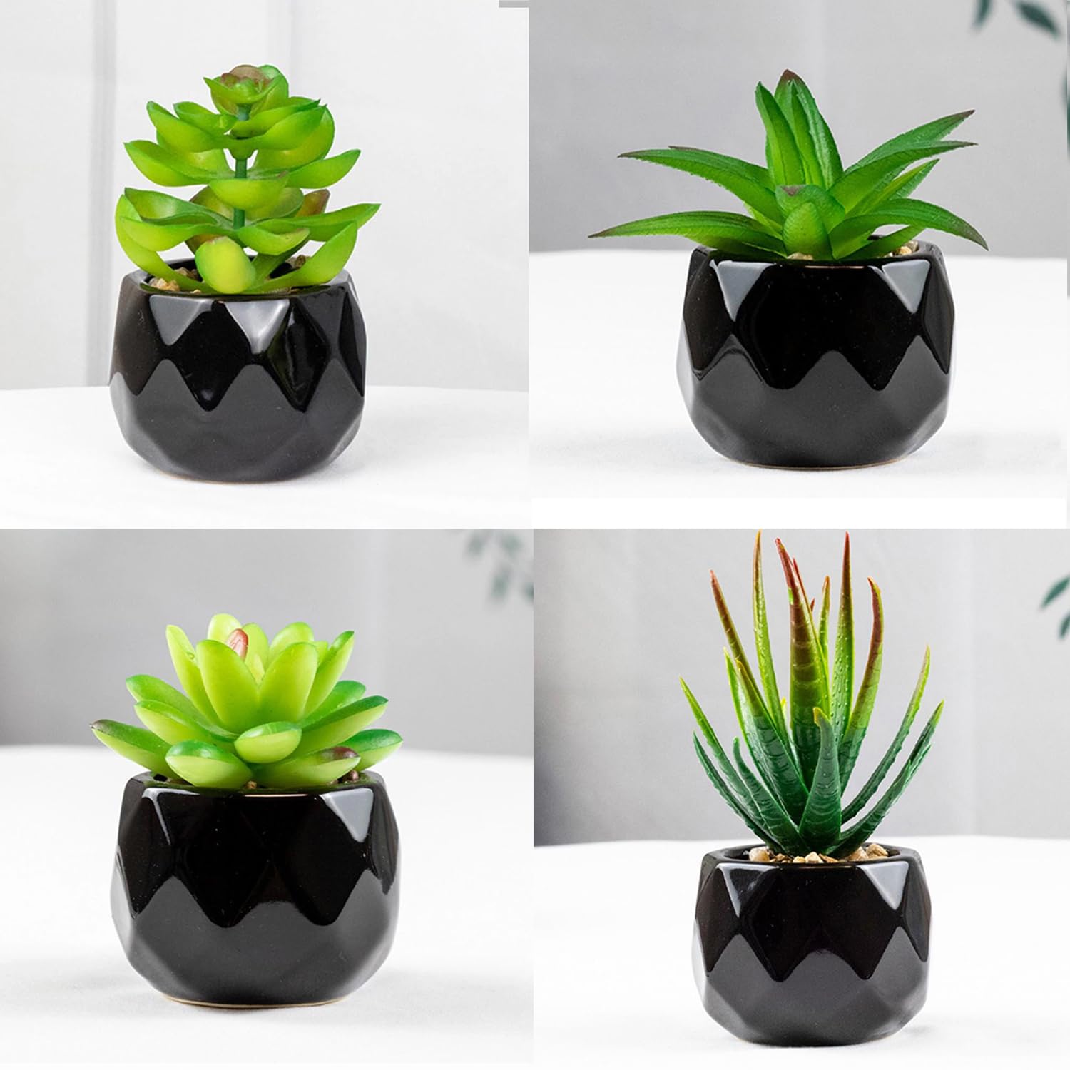 ARIATI Set of 4 Artificial Plants In Pots Indoor Outdoor Mini black Ceramic Potted, Green Succulents Decor for Bedroom Aesthetic, Faux Desk Plant for Bathroom,Living Room, Office Decoration