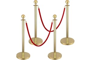 Berverra Gold Stanchions and Red Velvet Ropes Set, 4pcs Stanchions with 2pcs 5ft Velvet Ropes, Red Carpet Poles, Crowd Control Ropes and Stanchion Line Dividers for Decorations, Party, Club