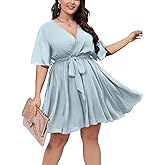 SCOMCHIC Women's Plus Size Summer Dresses Short Sleeve Wrap V Neck A Line Skater Mini Short Dress XL-4XL