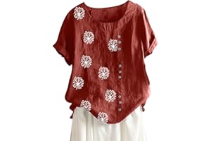 Lainuyoah Baggy Linen Button Up Shirts For Women Retro Embroidery/Printed Tees Cotton Linen Short Sleeve Summer Loose Blouse