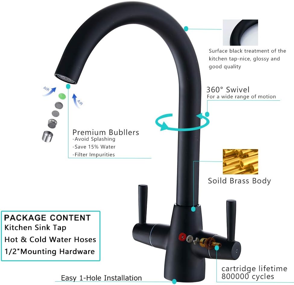 Heable Matte Black Kitchen Mixer Tap Dual Lever Swivel Spout Brass Sink