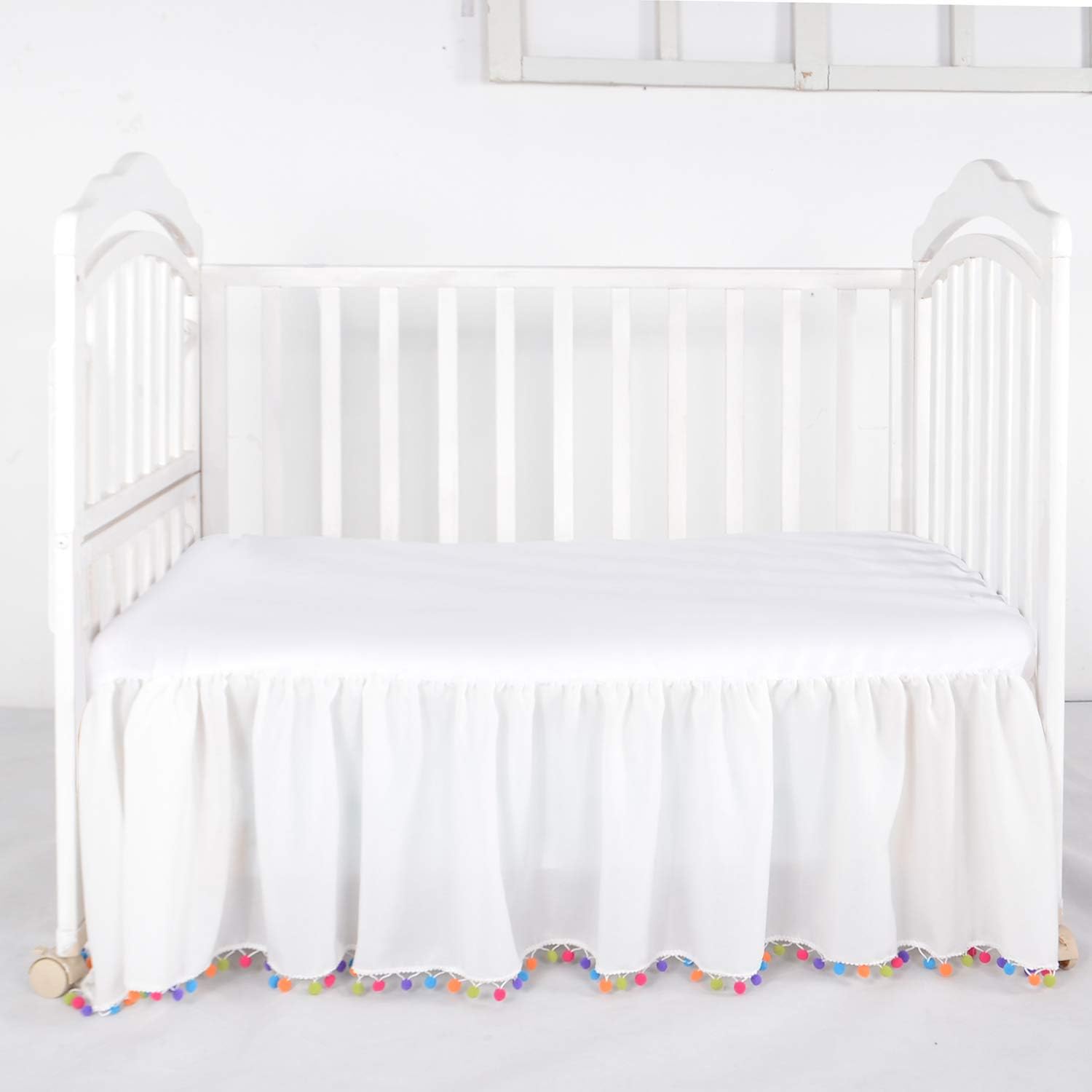 Crib-Skirt-Crib Bedskirt for Baby Girls and Boys with Colorful Pompoms