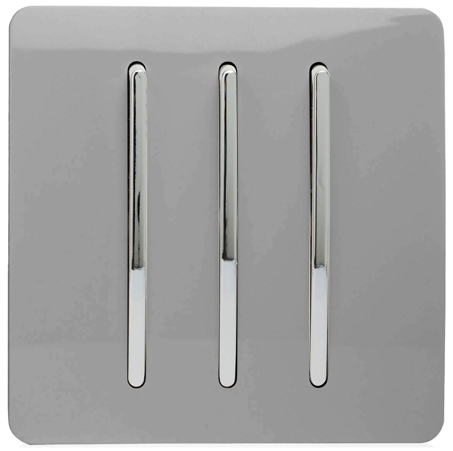 Trendi 3 Gang 2 way 240V Screwless Raised Front Plate Plastic Artistic Modern Glossy 10 Amp Chrome Rocker Triple Electrical Wall Light Switch Light Grey- ART-SS6LG