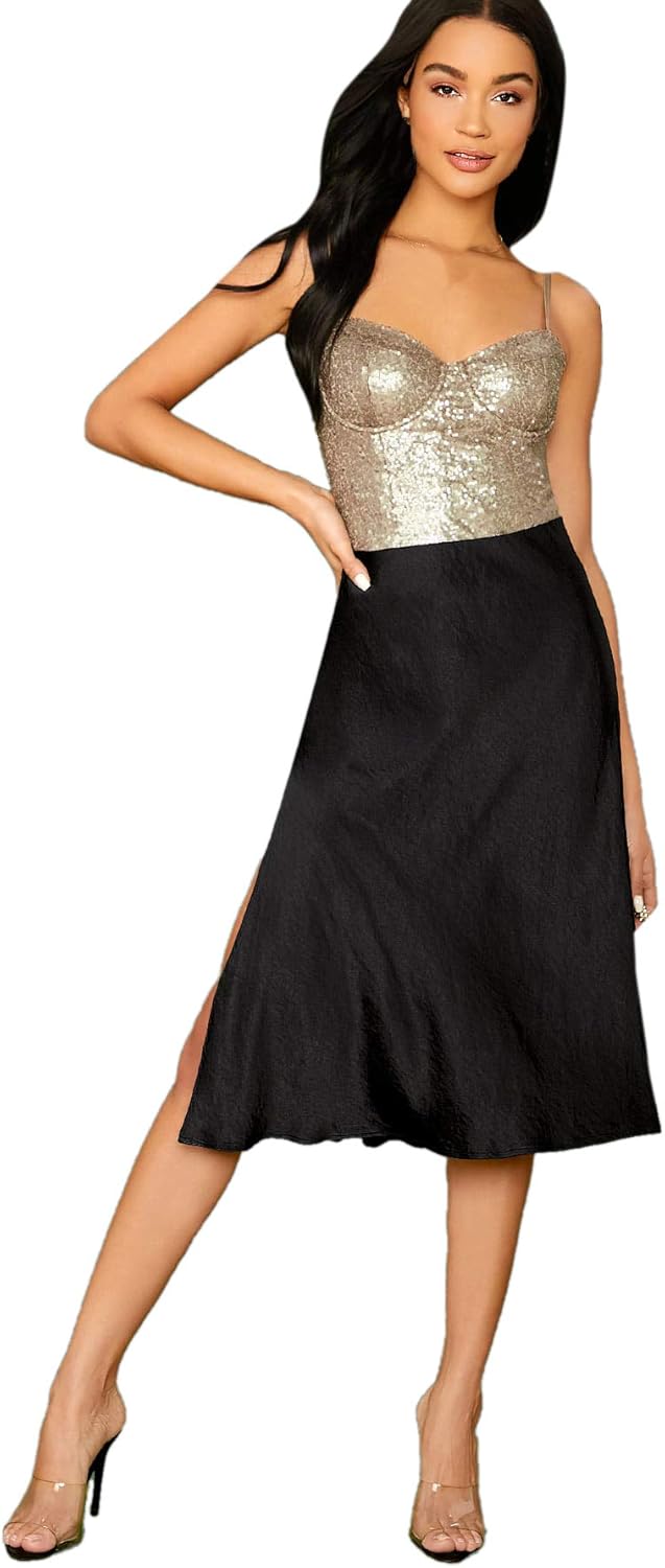 SheIn Women's Party Sexy Satin Split Side Basic Zipper Mid Waist Midi Skirt: Clothing