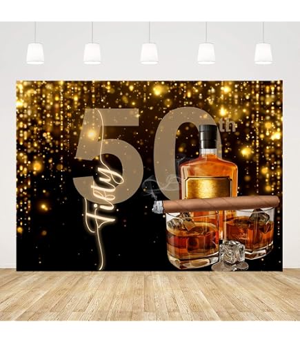50. Geburtstag Hintergrund Für Männer – Schwarz-Gold, Glitzer, Mit Whiskey & Zigarren-Motiv, 2,1x1,5 M