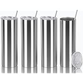 Tswofia 20 Oz Straight Skinny Tumbler Set, Stainless Steel Slim Skinny Travel Tumbler Bulk, Birthday Diy Gift For Women Friends Sisters, 4 Pack, Silver
