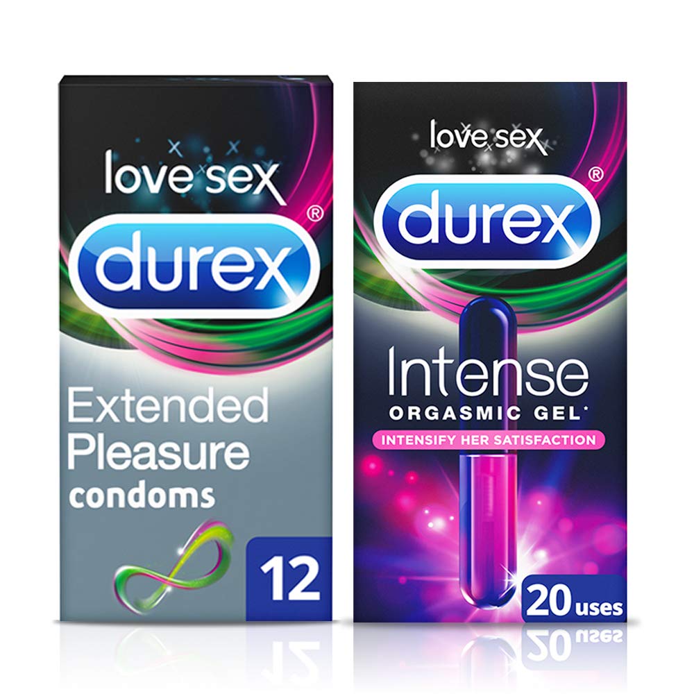 Durex Extended Pleasure Condoms 12 Pack & Intense Orgasmic Gel 10 ml Bundle - Ultimate Value Set for Enhanced Intimacy and Sensation