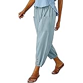 WROLEM Womens High Waist Pants Drawstring Wide Leg Cropped Casual Loose Capris with Pockets for Women