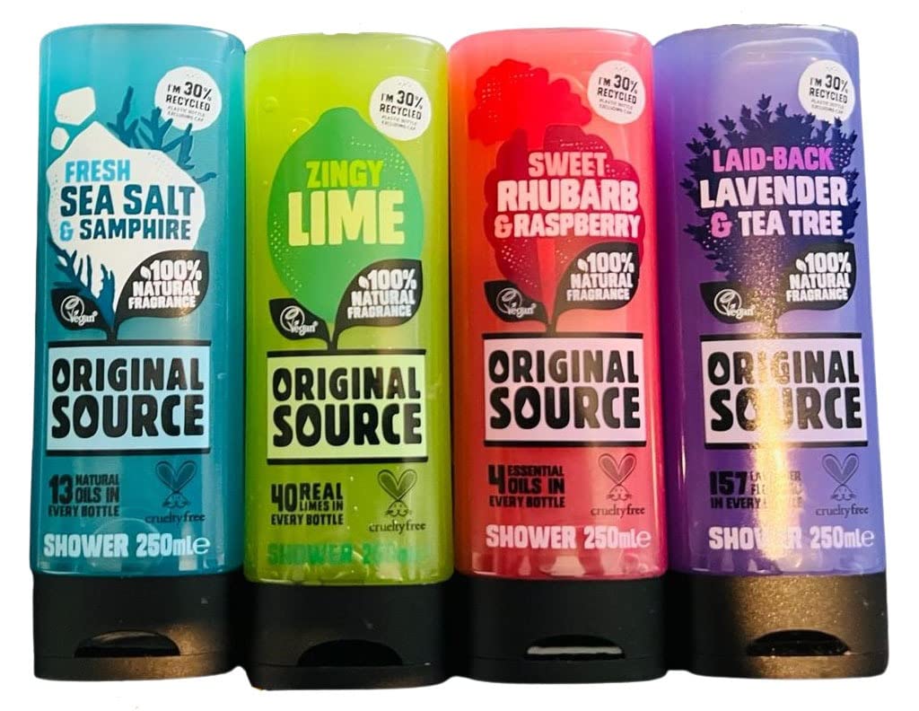 ORIGINAL SOURCE SHOWER GEL SET 4X250ML NEW FRAGRANCE FRESH SEA SALT & SAMPHIRE, ZINGY LIME, SWEET RHUBARB & RASPBERRY, LAID-BACK LAVENDER & TEA TREE BODY WASH TREE, COMBO PACK