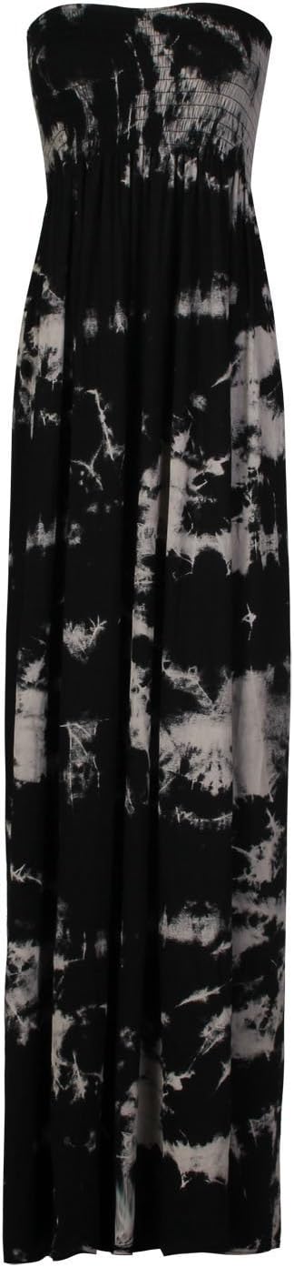 LADIES PLAIN SHEERING BOOB TUBE MAXI DRESS ALL COLOUR AND SIZES (XL/XXL (UK 16-18 EU 44-46 US 12-14), TIE DYE BLACK)