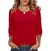 Womens Tops Dressy Casual Long Sleeve Blouses for Women Crewneck Pleated Shirts Christmas Red Loose Winter T-Shirts M