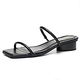 Hodeery Square Open Toe Chunky Heels for Women Two Strap Low Block Heeled Slip On Short Sandals for Dressy Casual 1.18 inch