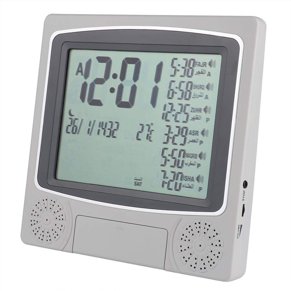 Azan Digital Table Clock - Time/Date/Temperature/Mohammedian & Gregorian Calendar Prayer Timer for Home, Office, School, Hospital