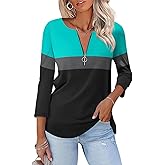 ORANDESIGNE Women’s 3/4 Length Sleeve Tops Summer Color Block Zipper T Shirts Casual Ladies Tees