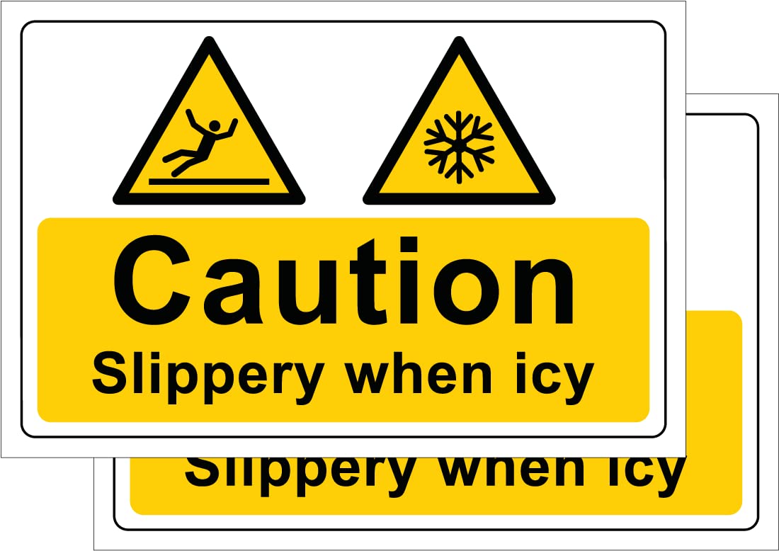 Pack of 2 rigid plastic signs 300mm x 200mm x 3mm with rounded corners - Slippery when icy