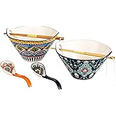 HENXFEN LEAD Ramen Pho Bowls Set of 2 – 30 oz Boho Ceramic Noodle Bowls with Spoon and Chopsticks for Udon, Soup, Salad – Microwave & Dishwasher Safe