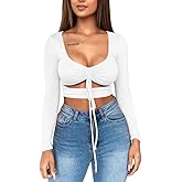 Mizoci Women's Sexy Ruched Tie Up Crop Top Basic Long Sleeve Cut Out T Shirt