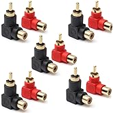 exgoofit RCA Male to RCA Female Connectors Right Angle Plug Adapters M/F 90 Degree Elbow Gold-Plated (5 Black + 5 Red) (10-Pack)