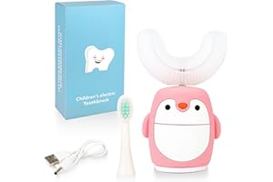 RENAELELIFE Kids Sonic Electric Toothbrush U Shaped Automatic Timer IPX7 Waterproof 5 Modes 360° Oral Cleaning Teeth Whitening Gums Massage Replaceable Soft Cartoon for 2-7 (Pink Penguin)