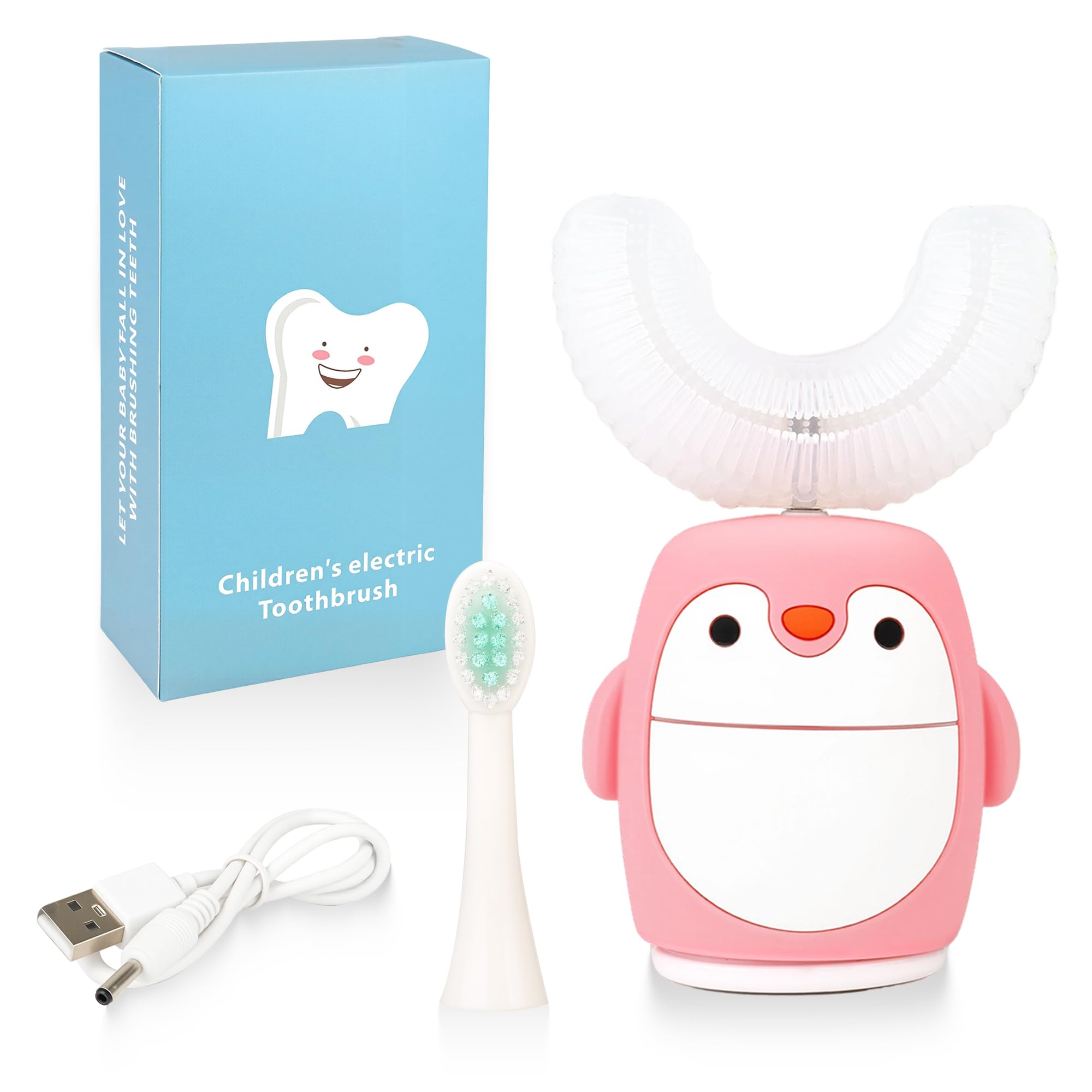 Photo 1 of Kids Sonic Electric Toothbrush U Shaped Automatic Timer IPX7 Waterproof 5 Modes 360° Oral Cleaning Teeth Whitening Gums Massage Replaceable Soft Cartoon for 2-7 (Pink Penguin)