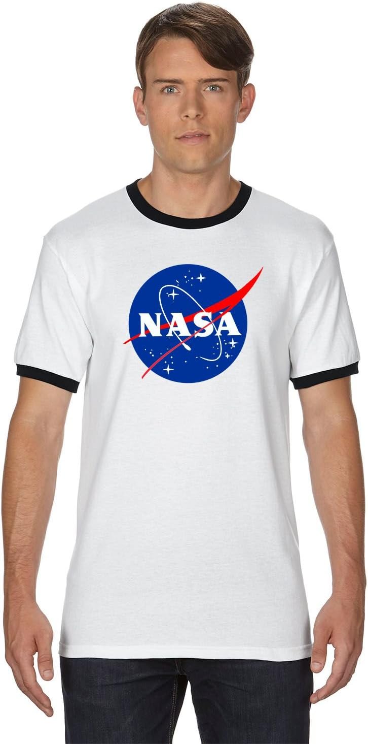 econnoShirts NASA Meatball Logo Ringer Shirt Space Shuttle Rocket Science Geek Tee (Small, White/Black)