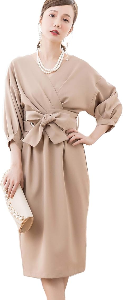 Amazon Dressstar 結婚式 ワンピース パーティー ドレス ウエストリボン カシュクール デザイン バルーンスリーブ ランタンスリーブ 膝丈 卒業式 卒園式 7分袖 袖あり お呼ばれ フォーマル 大きいサイズ レディース ワンピース チュニック 通販