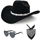 ONECOS 3Pcs Rhinestone Cowboy Hat for Women with Bandana, Heart Sunglasses set, Wide Brim Cowgirl Hat for Western Disco Party