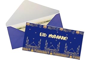 ONMLKKD 10 Eid Mubarak Envelopes Eidi Envelopes for Cash for Kids for Eid Al-Fitr or Eid Al-Adha 6.3" x 3.1" (Blue)