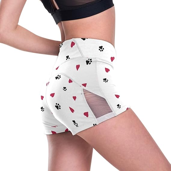 Amazon Fohoo ショートパンツ ヨガウェア レディース おしゃれ 切り替え 足跡柄 ハート 白 スポーツレギンス フィットネスパンツ ハイウエストショーツ 吸汗速乾 ポケット付き フィットネス トレーニング ショート ハーフパンツ 通販