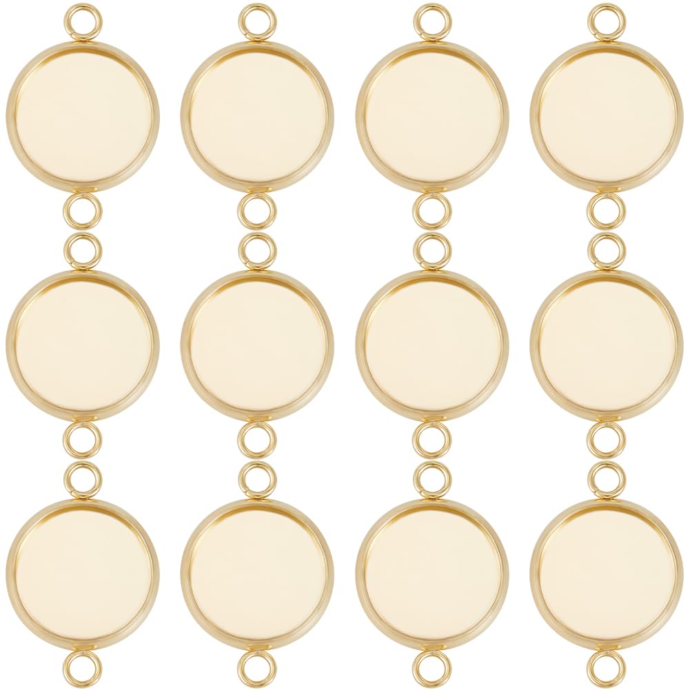 Beebeecraft 1 Box 30Pcs Cabochon Connector Settings 24K Gold Plated Stainless Steel Flat Round Blank Bezel Pendant Trays Connector Cabochon Settings for DIY Jewelry Making