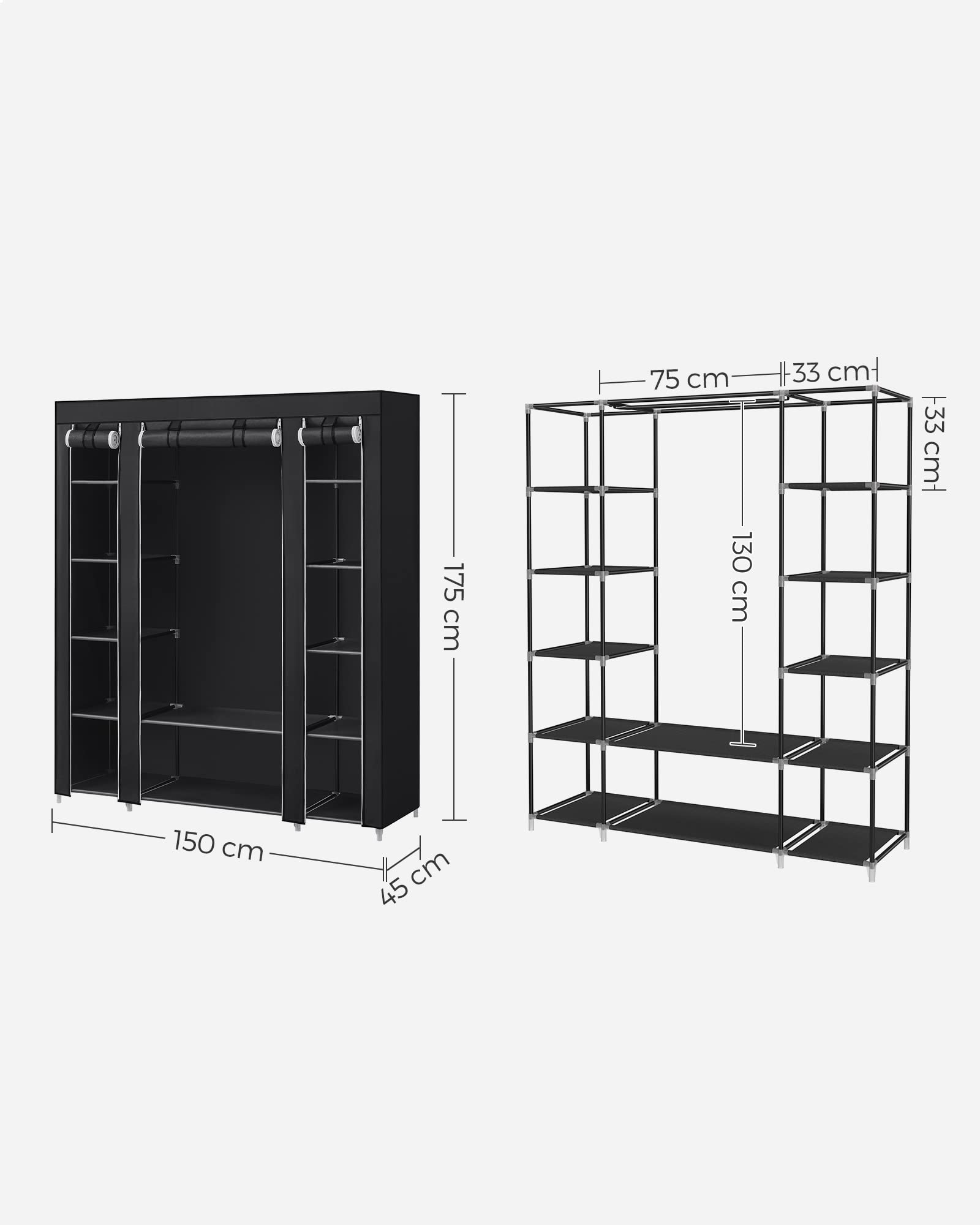 SONGMICS Kleiderschrank, Stoffschrank, mit Kleiderstange und Ablagen, Soffüberzug, für Schlafzimmer, Ankleidezimmer, 150 x 45 x 175 cm, schwarz LSF03H 5