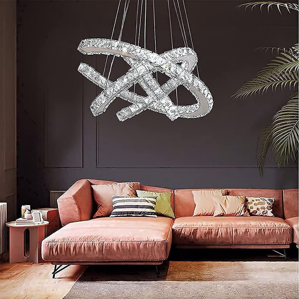 Generic Qihang Modern Crystal Chandeliers 3C LED Pendant Lamp Adjustable Stainless Steel Ceiling Lighting Bright Fixture for Living Room Dining Room Bedroom(Cool White): Home Improvement