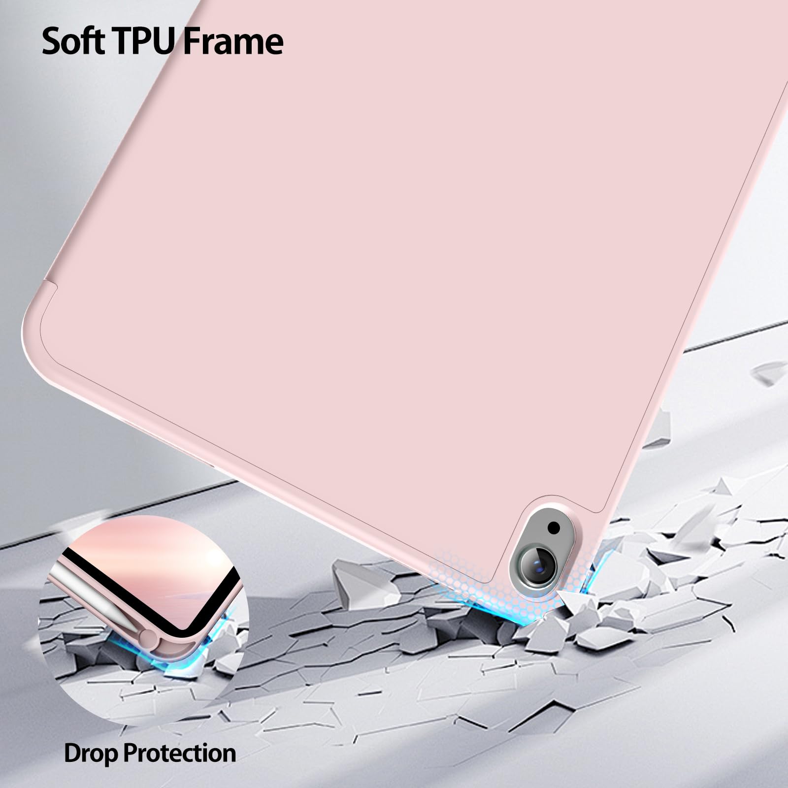 Kenke for iPad 11/10th Gen Case with Pencil Holder 11/10.9 inch 2025 A16/2022, Soft TPU Back Shell Hybrid Slim Trifold Stand Protective Cover Support Touch ID Auto Wake/Sleep (Pink)