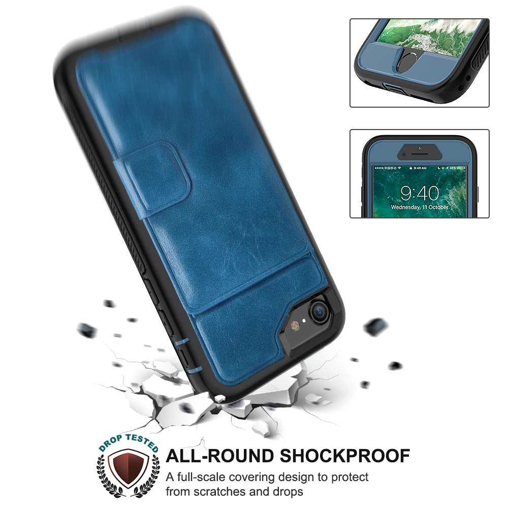 iPhone 8 Case, iPhone 7 Case iPhone 6/6s Wallet Case with Card Slot Holder Shockproof Protective PU Leather Wallet Case for Apple iPhone 8/7/6/6s (4.7 inches) [All Black] (Blue/Black)