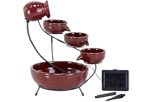 Smart Solar 23941R01 Ceramic Solar Cascade Fountain, Lava Red Finish, Powered by Included Separate Solar Panel, No Operating Costs or Wiring Required Small