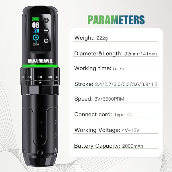 DRAGONHAWK L3 TATTOO KIT, CORDLESS/CORD COMPLETE TATTOO GUN KIT PEN MACHINE, 7 STROKES LENGTH, 2 BATTERIES 2,000MAH POWER SUPPLY WITH EXTRA BATTERY RCA JACK PART, PRO TATTOO NEEDLES FOR BEGINNER