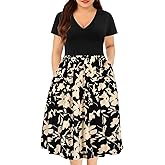 RITERA Plus Size Dresses for Curvy Women Short Sleeve Summer Dress V Neck High Waisted Womens Patchwork Casual Dress XL-5XL